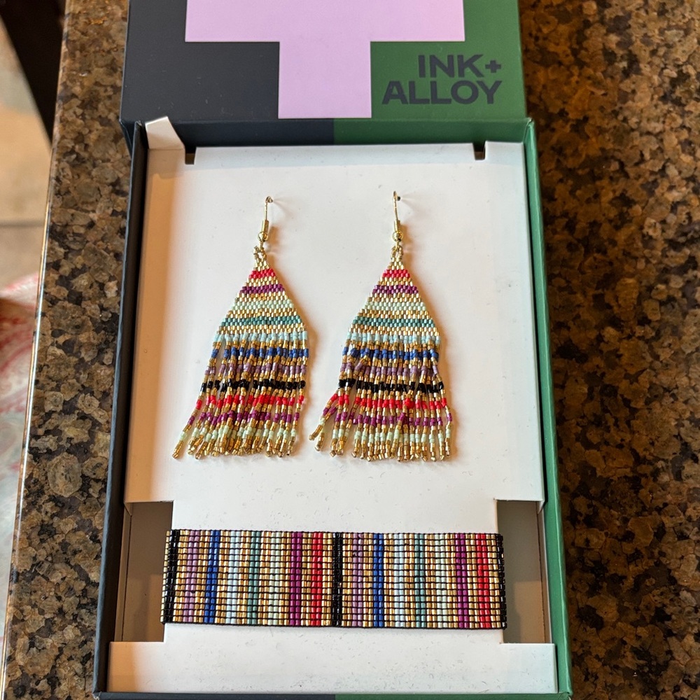 INK + ALLOY Multicolor Beaded Fringe Earrings and matching Bracelet